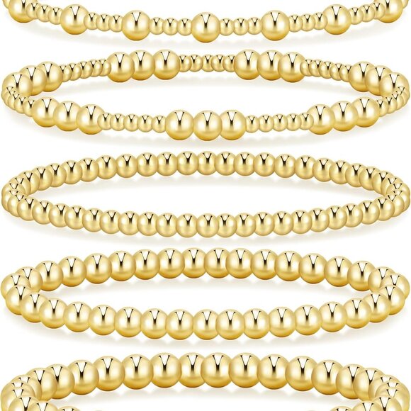 Gold Beaded Bracelets Set Women 14K Gold Plated Elastic 5-Piece 6-7.5" - Picture 1 of 9